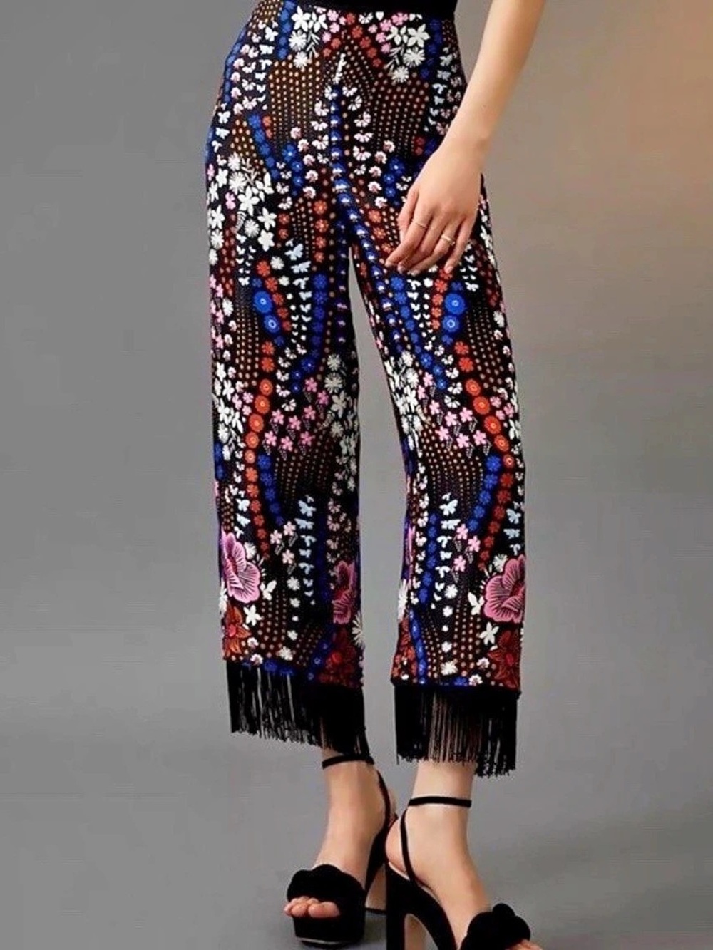 Maeve Anthropologie Floral Fringe Wide Leg Pants Size 10